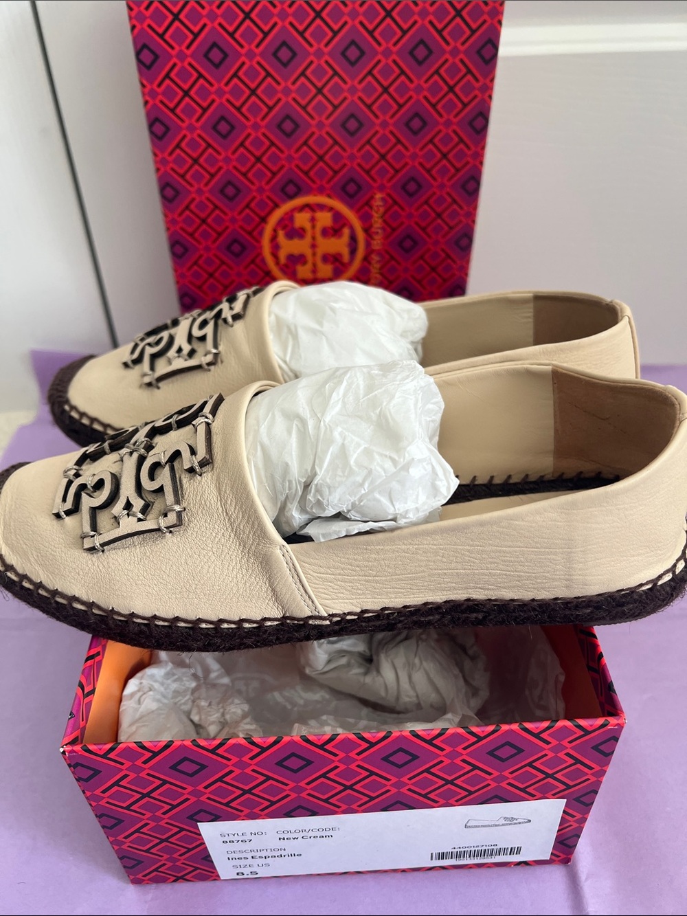 Tory Burch Ines New Cream Leather Logo Espadrille Loafers US W 8.5